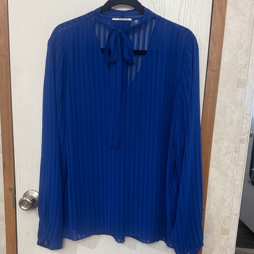 T Tahari Deep Blue Sheer Blouse